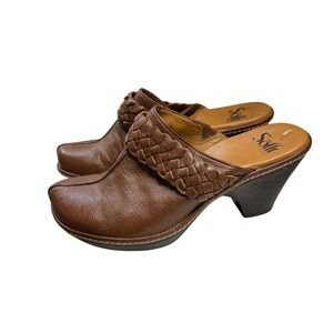 Sofft 7.5M Brown Leather Woven Clog Mule Braided Wedge Heel Boho Cottagecore 90s